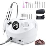 Electric Nail Drill Foot Pedal 45000RPM,Professional Corded Nail Drill Machine for Acrylic and Gel Nails, LCD Display Electric Nail File with 12 Bits, Manicure Pedicure Tools for Home Salon,White