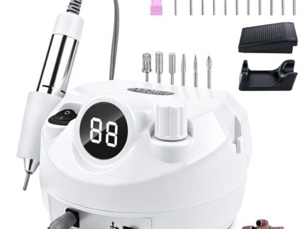 Electric Nail Drill Foot Pedal 45000RPM,Professional Corded Nail Drill Machine for Acrylic and Gel Nails, LCD Display Electric Nail File with 12 Bits, Manicure Pedicure Tools for Home Salon,White