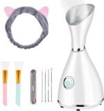 Facial Steamer for Facial Deep Cleaning, Moisturize, Unclog Pores, Face Spa, Nano Ionic Humidifier, Home Facial Warm Mist Face Steamer with Blackhead Removal Kit, Brush, Hair Band