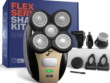 Freebird FlexSeries Electric Head & Body Hair Shaver – Mens Cordless Rechargeable Wet/Dry Skull Bald Head Back & Groin Waterproof Razor with Rotary Blades, Clippers, Nose Trimmer, Brush, Massager