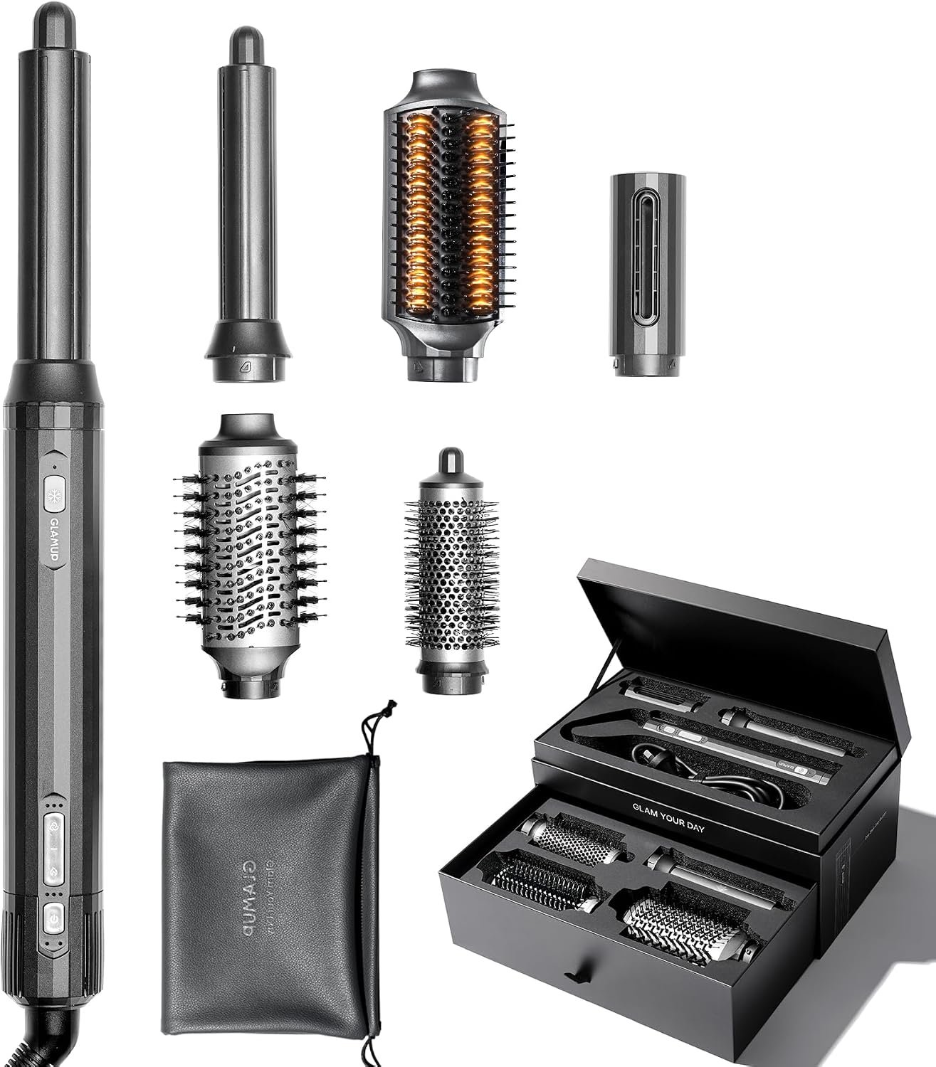 GLAMUP FusionPro 6 in 1 Hot Air Styler Curler &Thermal GLAMUP FusionPro 6 in 1 Hot Air Styler Curler &Thermal Brush, Sleek Black