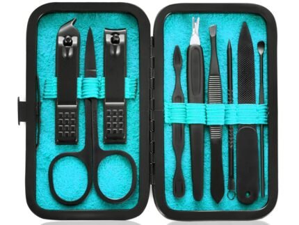 HANTEKAS Manicure Set 9 in 1 Stainless Steel, Nail Clippers Scissors Pedicure Tools Kit - Portable Travel Grooming Kit for Men and Women with Black/Blue Leather Case (Blue)