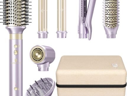 Hair Dryer Brush 7-in-1 Dual Voltage Hot Air Styler – Fast-Drying 110,000 RPM Ionic Blow Dryer with Straightener & Curler Attachments, Frizz-Free Volumizing Styler with Protective Hard Case-Purple