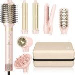 Hair Dryer Brush 8-in-1 Dual Voltage Hot Air Styler – Fast-Drying 110,000 RPM Ionic Blow Dryer with Straightener & Curler Attachments, Frizz-Free Volumizing Styler with Protective Hard Case-Pink