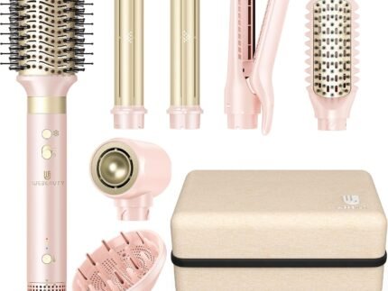 Hair Dryer Brush 8-in-1 Dual Voltage Hot Air Styler – Fast-Drying 110,000 RPM Ionic Blow Dryer with Straightener & Curler Attachments, Frizz-Free Volumizing Styler with Protective Hard Case-Pink