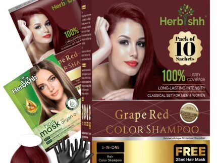 Herbishh Hair Color Shampoo for Gray Hair–Natural Hair Dye Shampoo with Argan Hair Mask–Travel size-Colors Hair in Minutes–Long lasting colour–10pack+1pack–Ammonia-Free (Grape Red)