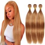 Highlight Color 27 Human Hair Bundles P27/30 Straight Bundle Honey Blonde Mixed Honey Brown Brazilian Virgin Human Hair 20 22 24 Inch for Black Women