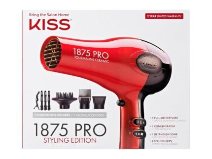 Kiss 1875 Watt Pro Tourmaline Ceramic Hair Dryer, Styling Edition, 3 Heat Settings, 2 Speed Settings, Cool Shot Button, 7 Blow Dryer Accessories Included, 2-Year Warranty – Red