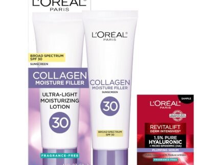 L’Oreal Paris Collagen Moisture Filler Face Cream with Broad Spectrum SPF 30, Anti-Aging Moisturizer and Daily Sunscreen, Includes Face Serum Sample