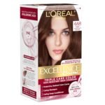 L’Oreal Paris Excellence Crème Permanent Hair Dye, Triple Care Hair Color with Hyaluronic Acid for 100% Gray Coverage, 4AR Dark Chocolate Brown, 1 Kit (Packaging May Vary)