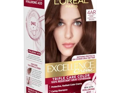 L’Oreal Paris Excellence Crème Permanent Hair Dye, Triple Care Hair Color with Hyaluronic Acid for 100% Gray Coverage, 4AR Dark Chocolate Brown, 1 Kit (Packaging May Vary)