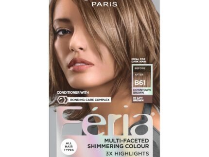 L’Oreal Paris Feria Multi-Faceted Shimmering Permanent Hair Color, B61 Downtown Brown (Hi-Lift Cool Brown), 1 Hair Dye Kit