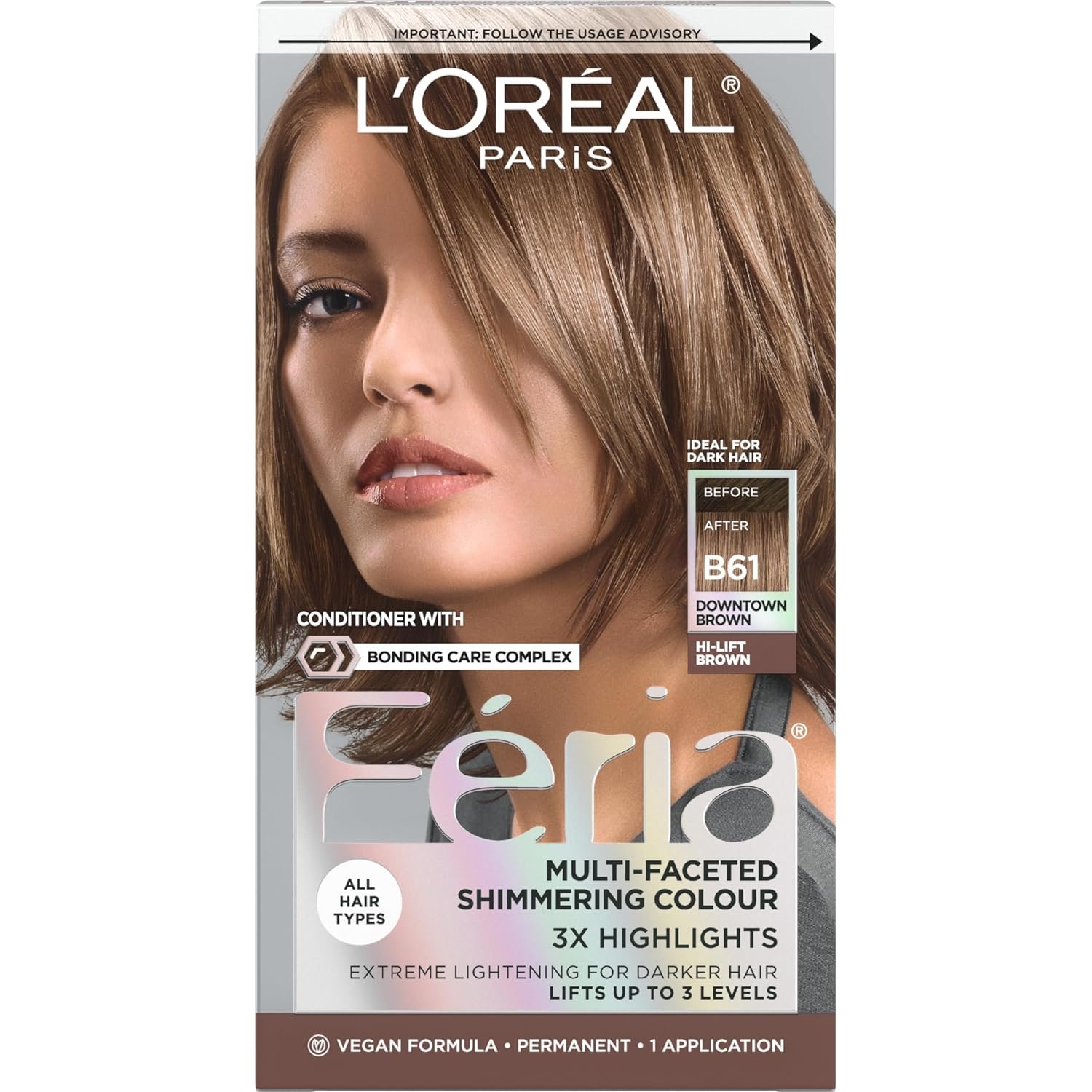 L’Oreal Paris Feria Multi-Faceted Shimmering Permanent Hair Color, B61 Downtown Brown (Hi-Lift Cool Brown), 1 Hair Dye Kit L’Oreal Paris Feria Multi-Faceted Shimmering Permanent Hair Color, B61 Downtown Brown (Hi-Lift Cool Brown), 1 Hair Dye Kit