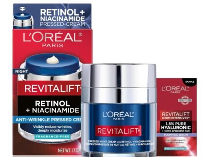 L’Oreal Paris Revitalift Pressed Night Cream, Retinol + Niacinamide, Reduces Wrinkles, Fragrance Free, 1.7 oz + Serum Sample