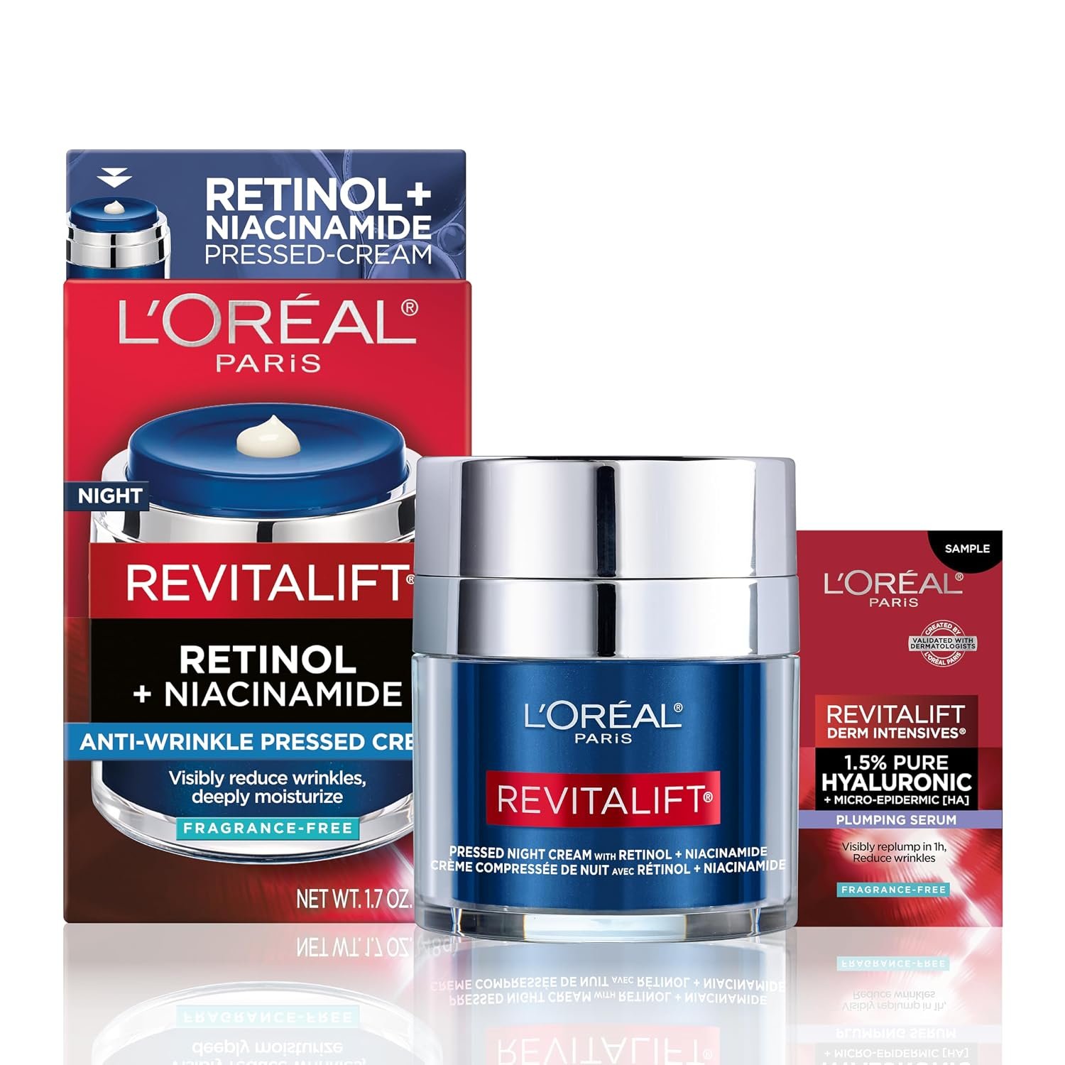 L’Oreal Paris Revitalift Pressed Night Cream, Retinol + Niacinamide, Reduces Wrinkles, Fragrance Free, 1.7 oz + Serum Sample L’Oreal Paris Revitalift Pressed Night Cream, Retinol + Niacinamide, Reduces Wrinkles, Fragrance Free, 1.7 oz + Serum Sample