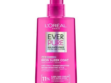 L’Oreal Paris Sulfate Free Iron Sleek Coat, Anti-Frizz Hair Treatment Spray with Heat Protection & Humidity Protection, Semi-Permanent Smoothing, Suitable for Color-Treated Hair, EverPure, 5.1 fl oz