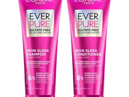 L’Oreal Paris Sulfate Free Iron Sleek Smoothing Shampoo and Conditioner Set, Frizz Control and Humidity-Resistant Formula with Alpha-Acids, Suitable for Color-Treated Hair, EverPure, 13.6 Fl Oz Set