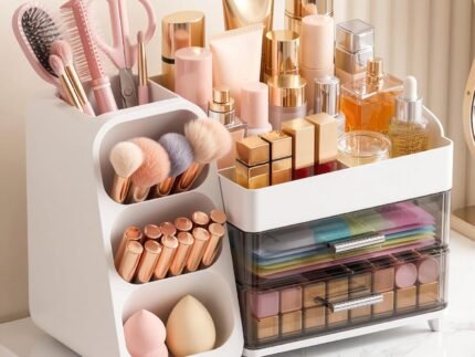 Large Capacity Makeup Organizer Countertop with Makeup Brush Holder for Vanity, Thickened Material, Bathroom Countertop Organizer Skin Care Perfumes Storage, Teen Girl Gifts for 12-23 Year（white）