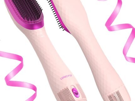 Longyu 3 in 1 Hair Dryer Brush Straightener 1200W Negative Ionic Hot Air Brush One Step Blow Dryer and Styler for Straightening Drying Smoothing (Pink)