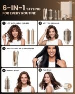 MESCOMB 6 in 1 Hair Dryer and Straightener, Hot Air Styler Wrap – Fast Drying, 1500W Air Dryer with Straightener, Frizz-Free Blowout Brush for Smoothing & Curling, Volumizing(Champagne)