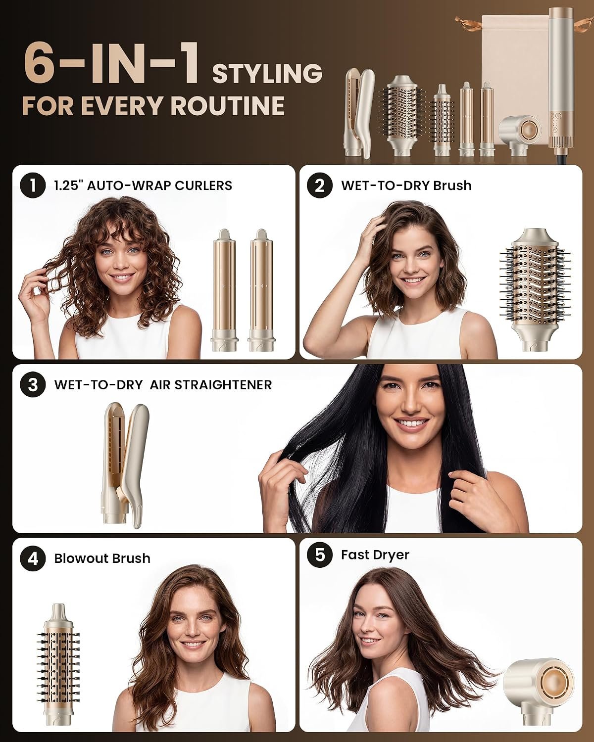 MESCOMB 6 in 1 Hair Dryer and Straightener, Hot Air Styler Wrap – Fast Drying, 1500W Air Dryer with Straightener, Frizz-Free Blowout Brush for Smoothing & Curling, Volumizing(Champagne) MESCOMB 6 in 1 Hair Dryer and Straightener, Hot Air Styler Wrap – Fast Drying, 1500W Air Dryer with Straightener, Frizz-Free Blowout Brush for Smoothing & Curling, Volumizing(Champagne)