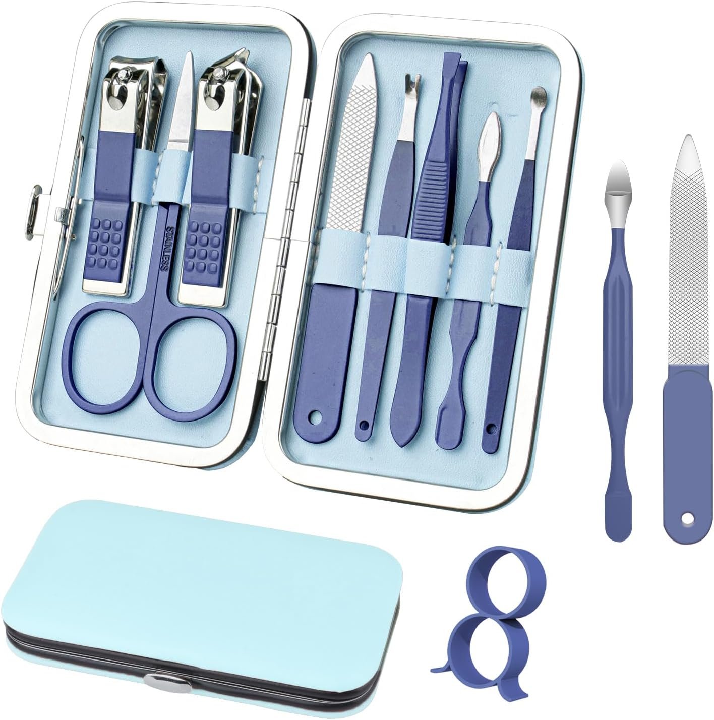 Manicure Set 8 in 1 Nail Clipper Set,RedFlow Nail Clippers,Fingernail Manicure Set 8 in 1 Nail Clipper Set,RedFlow Nail Clippers,Fingernail & Toenail Clippers,Manicure Tools,Pedicure Tools,Suitable for Travel Manicure Kit,Nail Set Kit with Everything Profe (Blue)
