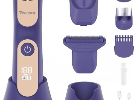 Manscape Body Hair Trimmer for Men, No Nick Pubic Bikini Trimmer for Women, 3 in 1 Versatile Groin Shaver with Nose Hair Trimmer, Cordless Dock Charging, LED Display, Wet/Dry Grommer (Purple)