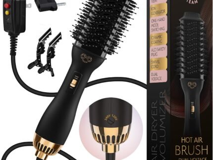 Manual Dual Voltage Blowout Hair Dryer Brush, Professional Hot Air Brush for European Travel 110V-120V/220V-240V, Black Gold Dryer and Volumizer for Women, 2.4 INCHES Oval Shape
