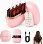 Mini Cordless Hair Straightener Brush, Adjustable Heat Hot Comb (Pink)