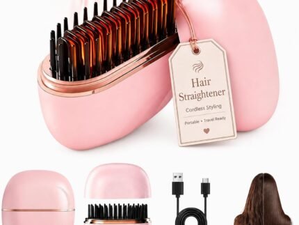 Mini Cordless Hair Straightener Brush, Adjustable Heat Hot Comb (Pink)