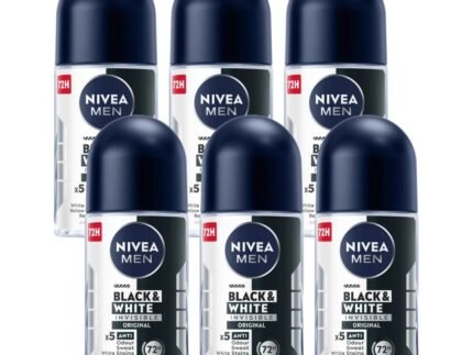 NIVEA Men Roll-On Deodorant Invisible Black & White Original, 72H Anti-Perspirant Protection, Fights Sweat & Body Odor, No White or Yellow Marks on Clothes, Long-Lasting Freshness, 25ml, Pack of 6