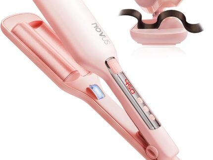NOVUS 1.1 Inch Beach Waves Curling Iron for Women - 2 Barrel Hair Crimper with Ionic Ceramic & Adjustable Heat, Anti-Scald Design for Long-Lasting Shiny Curls, Pink