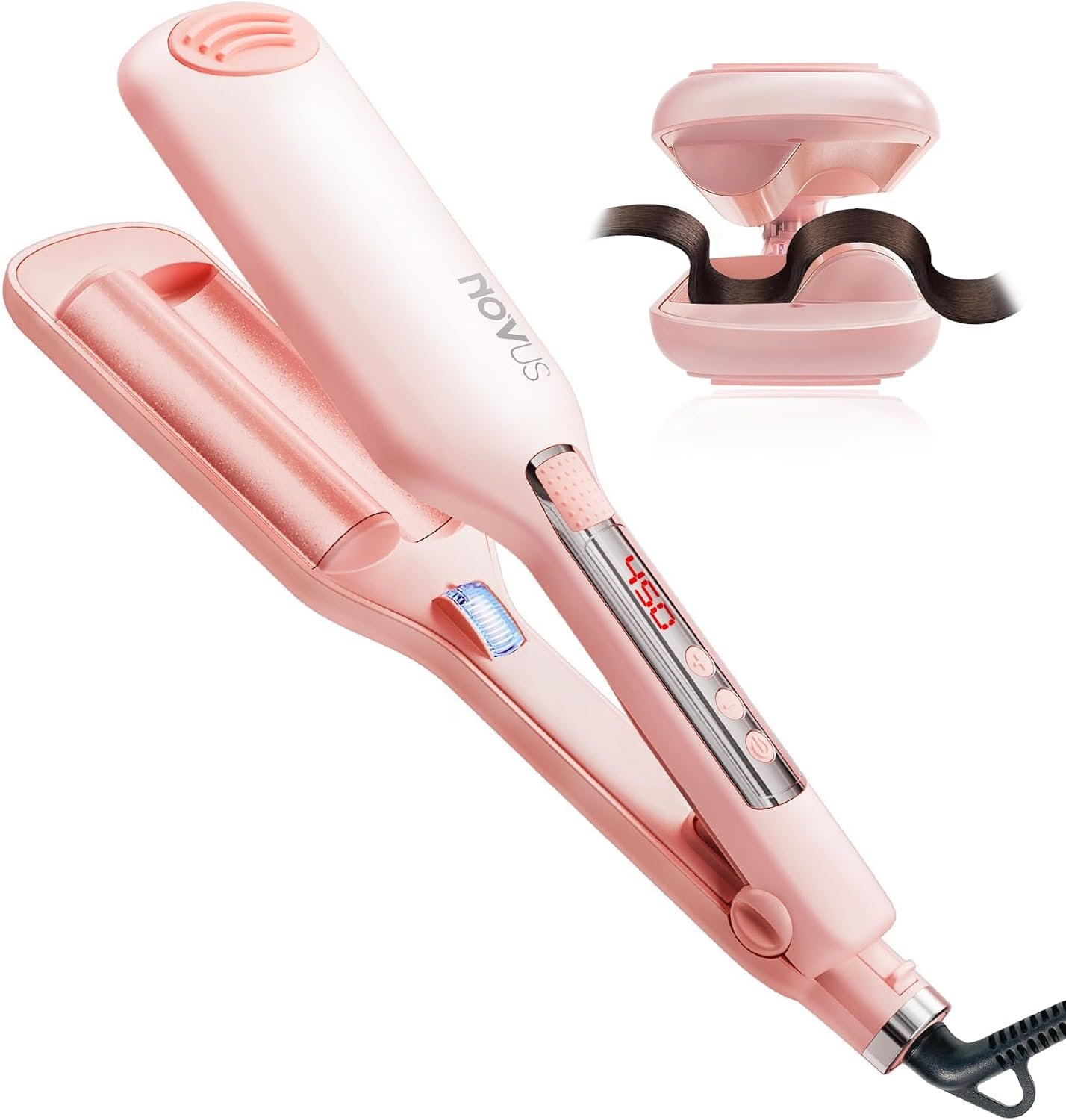 NOVUS 1.1 Inch Beach Waves Curling Iron for Women - NOVUS 1.1 Inch Beach Waves Curling Iron for Women - 2 Barrel Hair Crimper with Ionic Ceramic & Adjustable Heat, Anti-Scald Design for Long-Lasting Shiny Curls, Pink