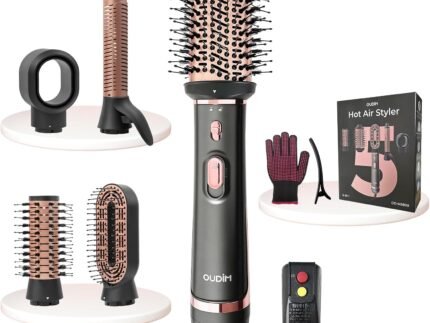 OUDIM 5-in-1 Hot Air Styler & Hair Dryer Brush, 1200W Ionic Multi-Styler for Fast Drying, Smooth Blowouts, Volumizing & Curling, 5 Attachments, 3 Heat Settings, Black/Rose Gold