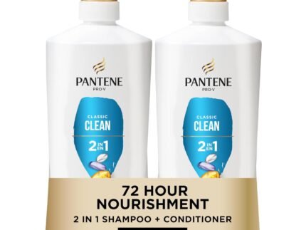 Pantene 2-in-1 Shampoo & Conditioner, Classic Clean – Pro-V Nutrients for Dry, Color-Treated Hair, Healthy Looking Hair Every Wash, Antioxidant-Rich, 27.7 Oz Each, 2-Pack + Rescue Shot (0.5 Oz)