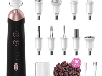 Professional Manicure Pedicure Kit, 9 in 1 Cordless Nail Drill with 100 pcs Nail Drill Bits Sanding Bands, Nail Grinder for Human, 5 Speeds, Nail Dremel Kit for Home and Salon Use