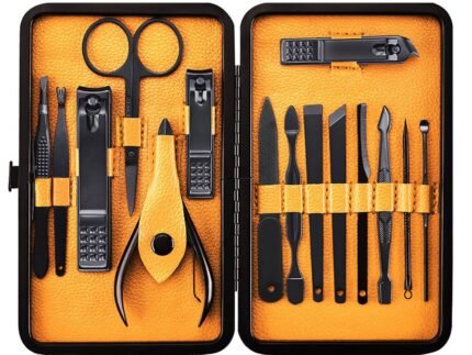Professional Stainless Steel Nail Clipper Travel & Grooming Kit Nail Tools Manicure & Pedicure Set of 15pcs with Luxurious Case (Black/Yellow)