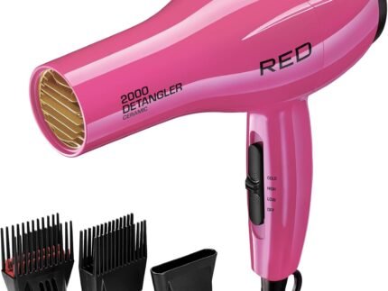 RED by KISS 2000 Ceramic Hair Dryer, Professional Salon Blow Dryer, 2 Detangler Pik Attachments, Tourmaline Technology, 3 Heat Settings, Easy Storage Loop (Pink)