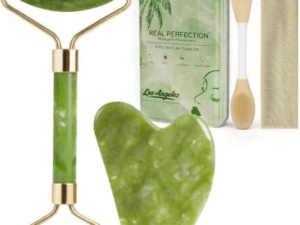 Real Perfection Gua Sha Facial Tools Face Roller for Wrinkles Jade Roller and Gua Sha Set, Scrubber Pore Brush Headband Skin Care Tools for Travel Skincare Routine Massaging Reducing Puffiness – Green