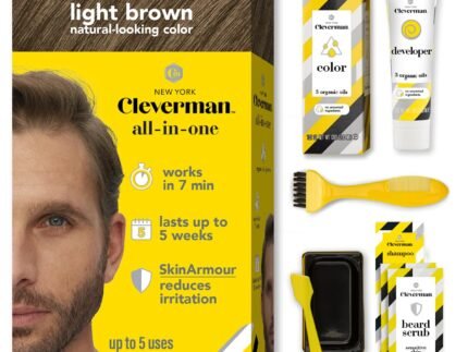 Reusable Hair & Beard Dye for Men – Light Brown 6.12 | Up to 5 Uses, 7 Minutes | Natural Gray Coverage, No-Drip Cream with SkinArmour® – Cleverman