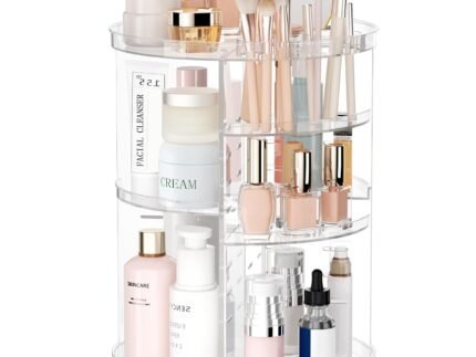 Rotating Makeup Organizer, DIY 8 Adjustable Layers Spinning Skincare Storage, Cosmetic Display Case with Brush Holder and Perfume Tray, Multi-Function Vanity Bathroom Countertop Organizer Clear