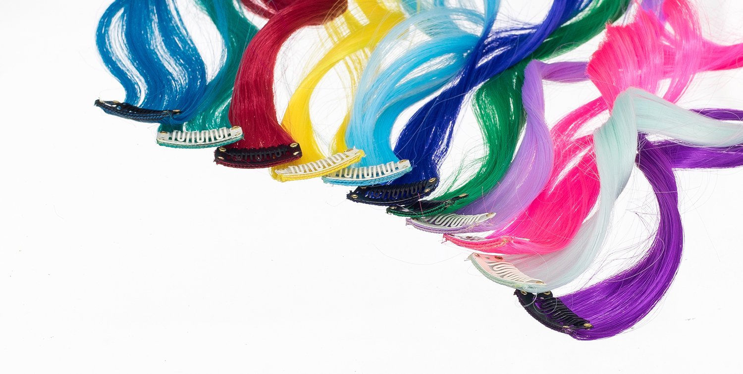 SWACC 22 Pcs Colored Party Highlights Clip on in Hair Extensions For Women Multi Colors Hair Streak Synthetic Hairpieces 11 Colors 22 Pcs in Set Curly Wavy