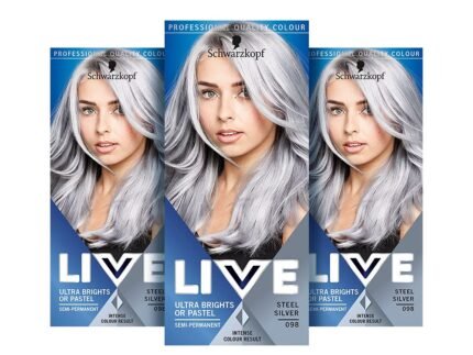 Schwarzkopf LIVE Ultra Bright or Pastel Grey Hair Dye, Pack of 3, Semi-Permanent Colour lasts up to 15 washes- 098 Silver Steel