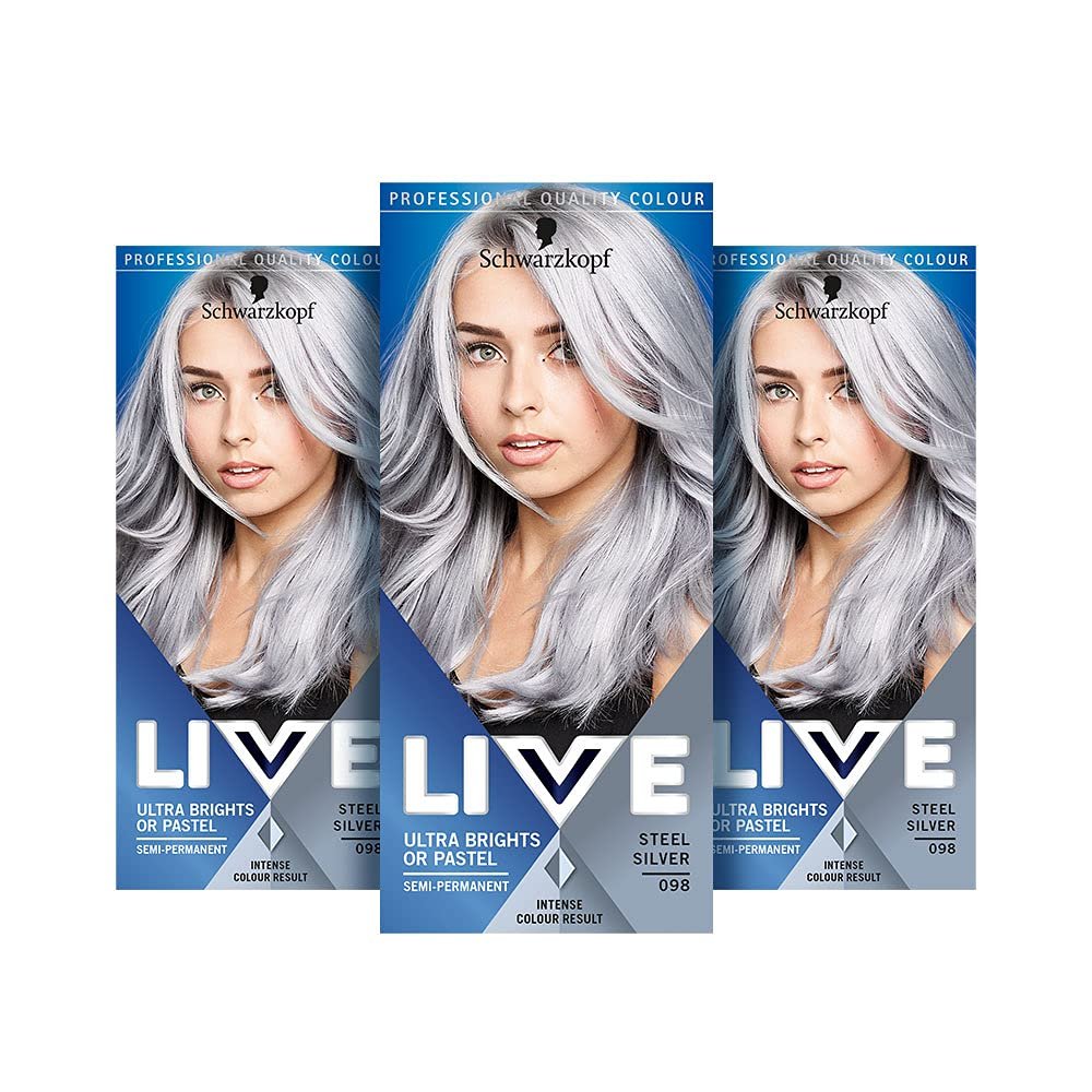 Schwarzkopf LIVE Ultra Bright or Pastel Grey Hair Dye, Pack Schwarzkopf LIVE Ultra Bright or Pastel Grey Hair Dye, Pack of 3, Semi-Permanent Colour lasts up to 15 washes- 098 Silver Steel