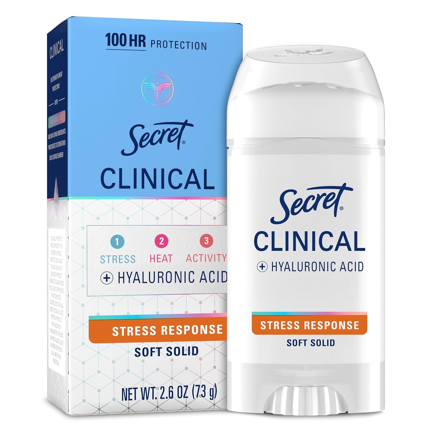Secret Clinical Strength 100HR Sweat & Odor, Stress Response Soft Secret Clinical Strength 100HR Sweat & Odor, Stress Response Soft Solid Antiperspirant Deodorant for Women, 3X Stress Protection with Hyaluronic Acid, PH Balancing Minerals, 2.6 oz