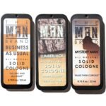 Solid Cologne Sample Set of 3 with Business As Usual, Lumberjack, and Mystery Man Wax Cologne – Mens Travel Size Perfume Sampler Set (The Triad – 3 Pack – 0.75 oz each)