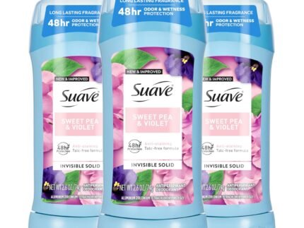 Suave Antiperspirant Deodorant For Women, Invisible, 48hr Odor & Wetness Protection, Sweet Pea & Violet Fragrance, Sensitive Skin Deodorant Solid Stick, 3 Count, 2.6 oz EA