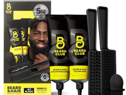 The Beard Club Permanent Hair and Beard Dye for Men – Professional Quality Mustache Dye, Hair Color for Men, Covers Grays, All in One Reusable 5 Minute Color Kit – Jet Black
