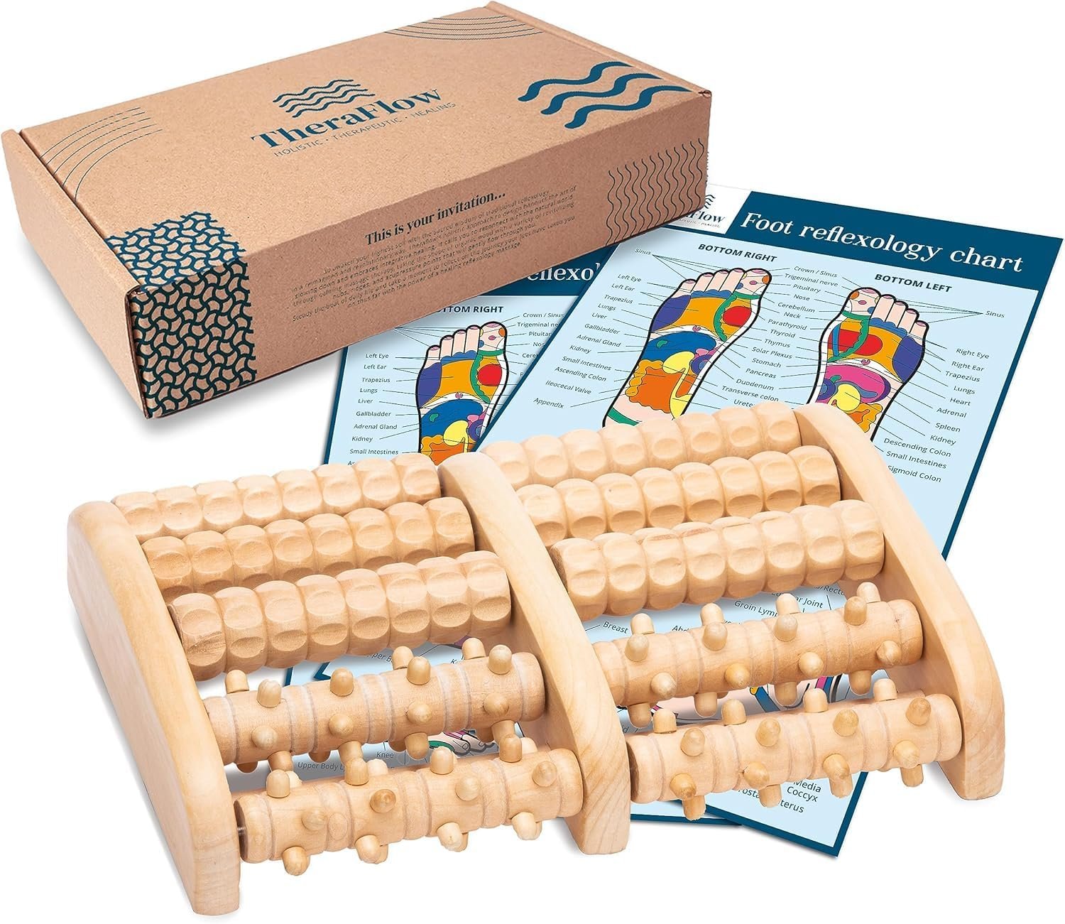 TheraFlow Foot Massager for Plantar Fasciitis Relief – Mom Gifts for Women & Gifts for Dad, Wooden Foot Roller Massager with Deep Tissue & Reflexology Nubs (Includes Reflexology Chart) TheraFlow Foot Massager for Plantar Fasciitis Relief – Mom Gifts for Women & Gifts for Dad, Wooden Foot Roller Massager with Deep Tissue & Reflexology Nubs (Includes Reflexology Chart)