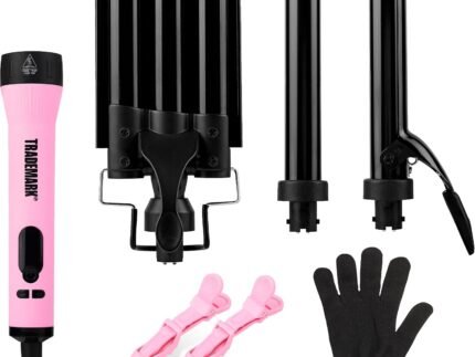 Trademark Beauty Interchangeable Iron Styling Kit – 3 in 1 Curling Iron, Hair Waver, and Curling Wand, Hair Styling Tool, 1 Inch Barrels, Mood – Pink/Black